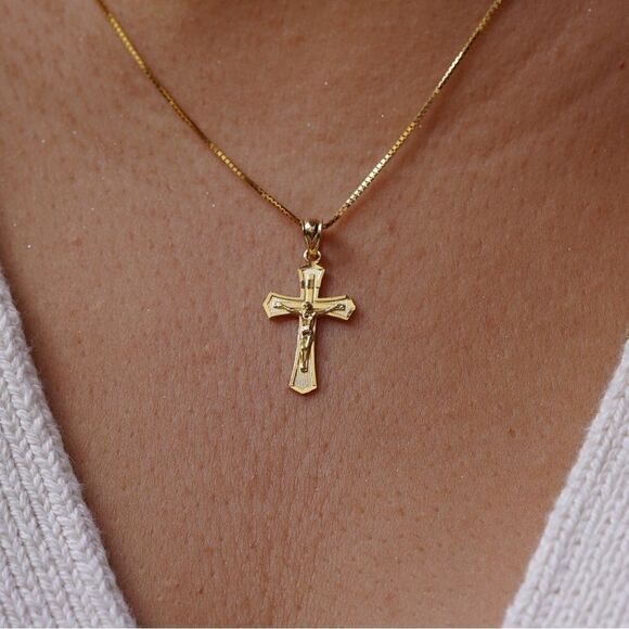 14k Real Yellow Gold Religious Crucifix Charm | Religious cross Charm | - Picture 1 of 8